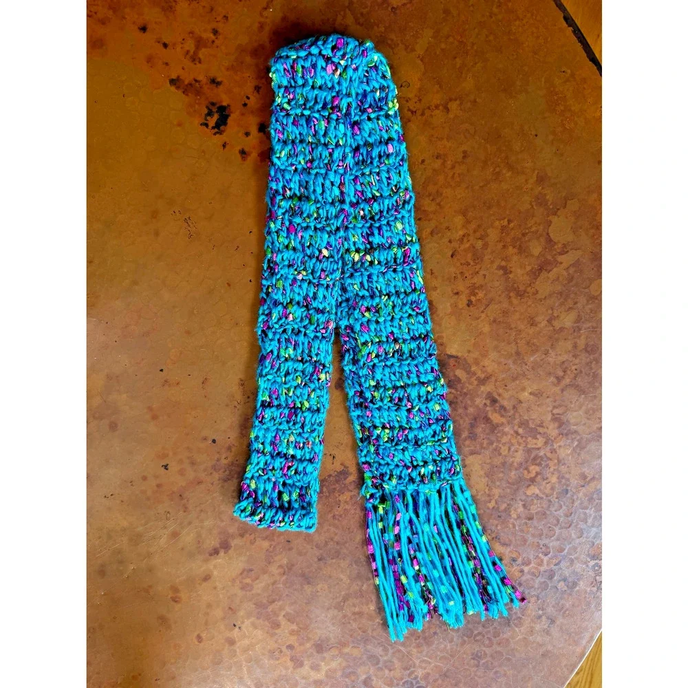 Y2K Handmade Crochet Scarf Turquoise Multicolor Ribbon Yarn Fringe 76in Whimsi